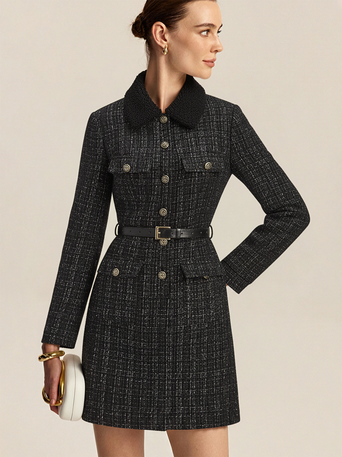 Faux Fur Collar Tweed Belted Mini Dress | COMMENSE