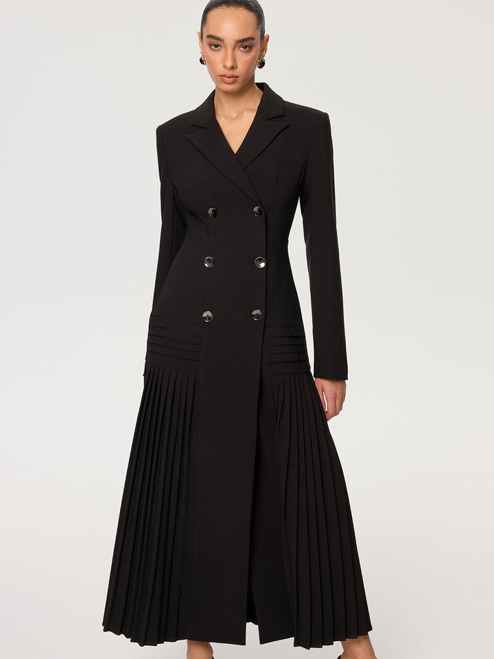 Pleated Hem Double-Breasted Blazer Coat | COMMENSE