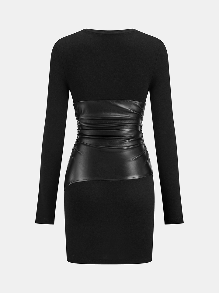 slim fit dress slacks PU Leather Panel Long Sleeve Knit Dress - Brown