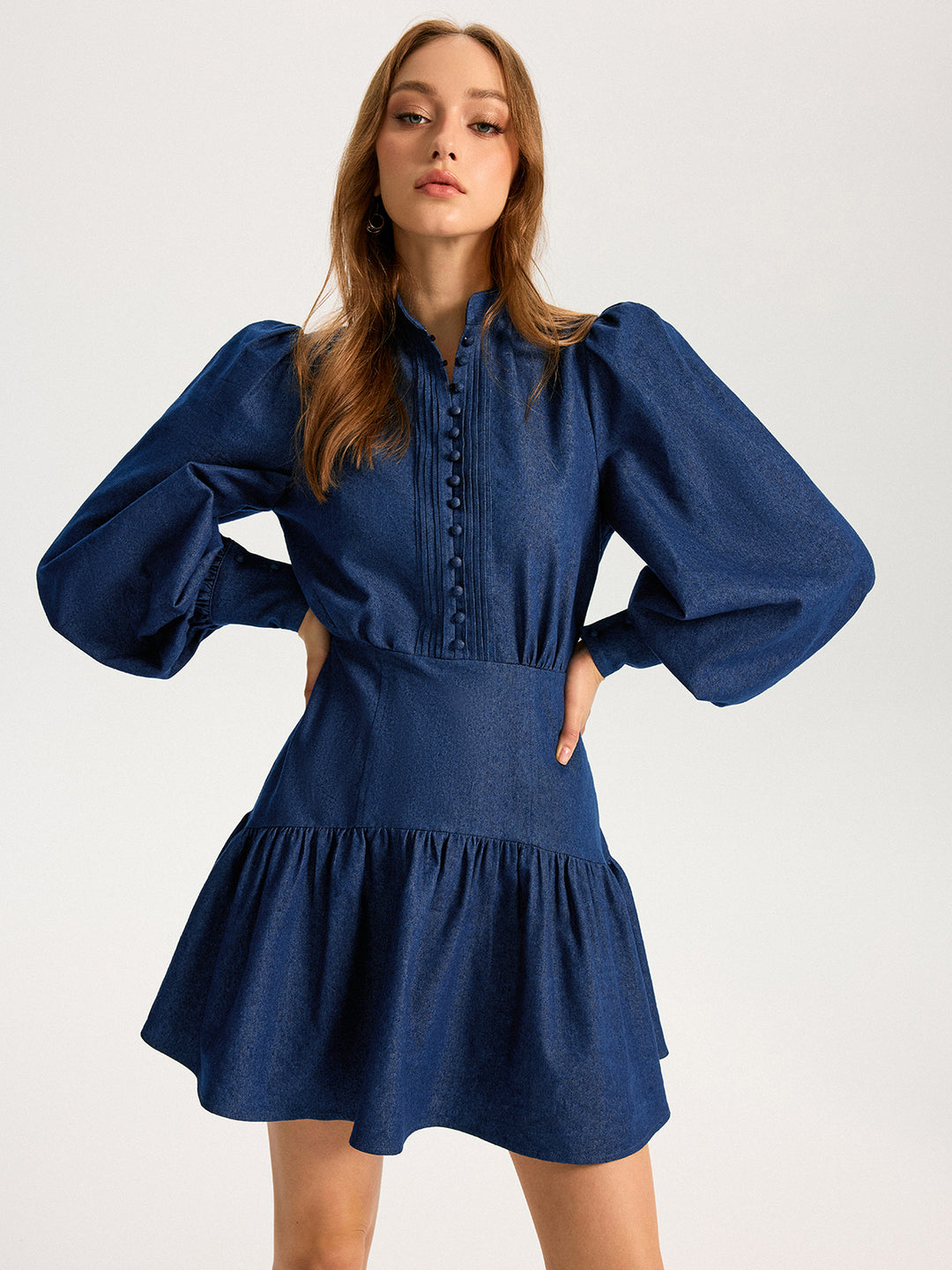 Denim Stand Collar Puff Sleeve Mini Dress | COMMENSE Denim Stand Collar Puff Sleeve Mini Dress | COMMENSE