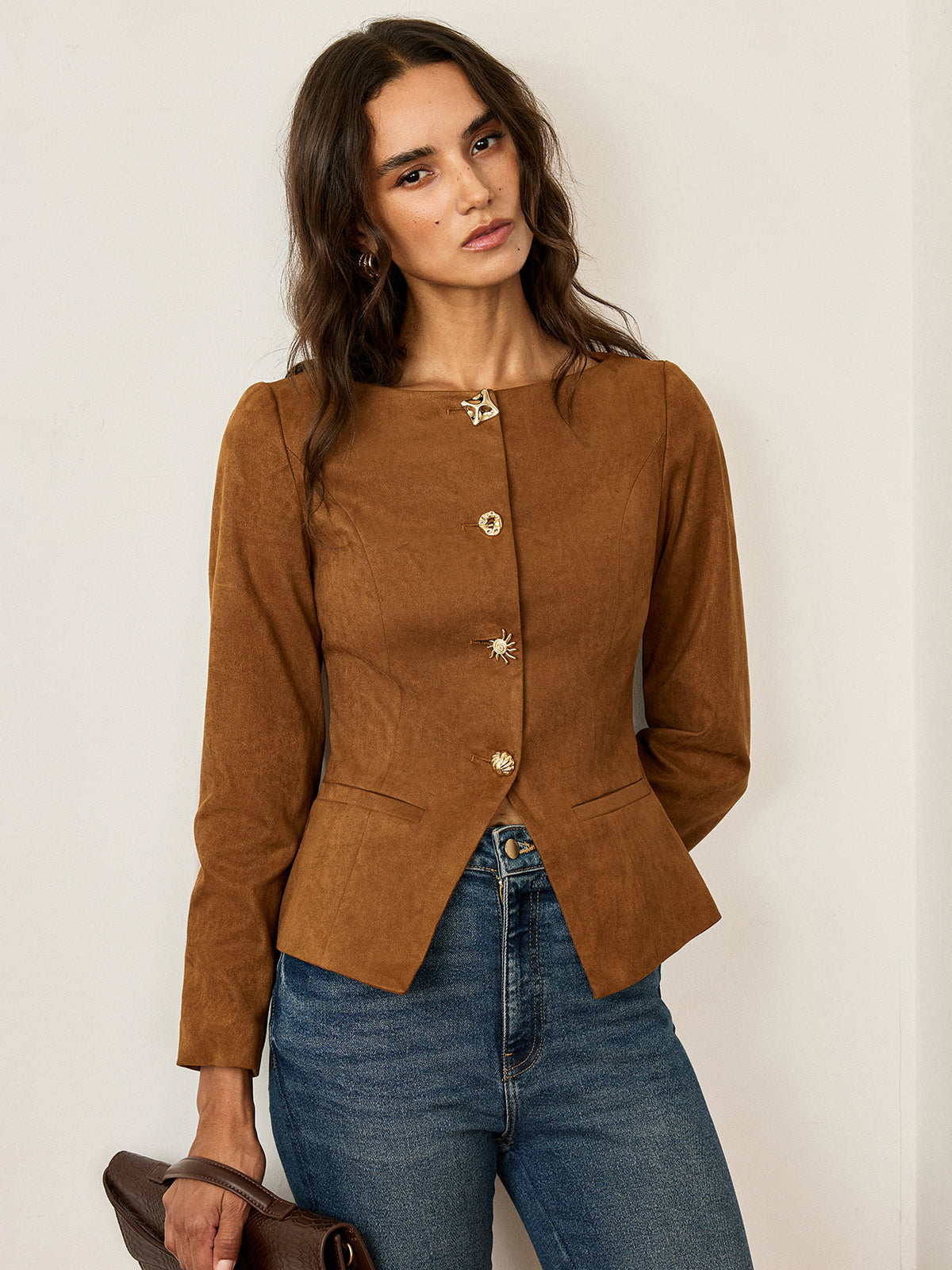 Square Button Jacket Suede Effect Fitted Metal Button Jacket | COMMENSE