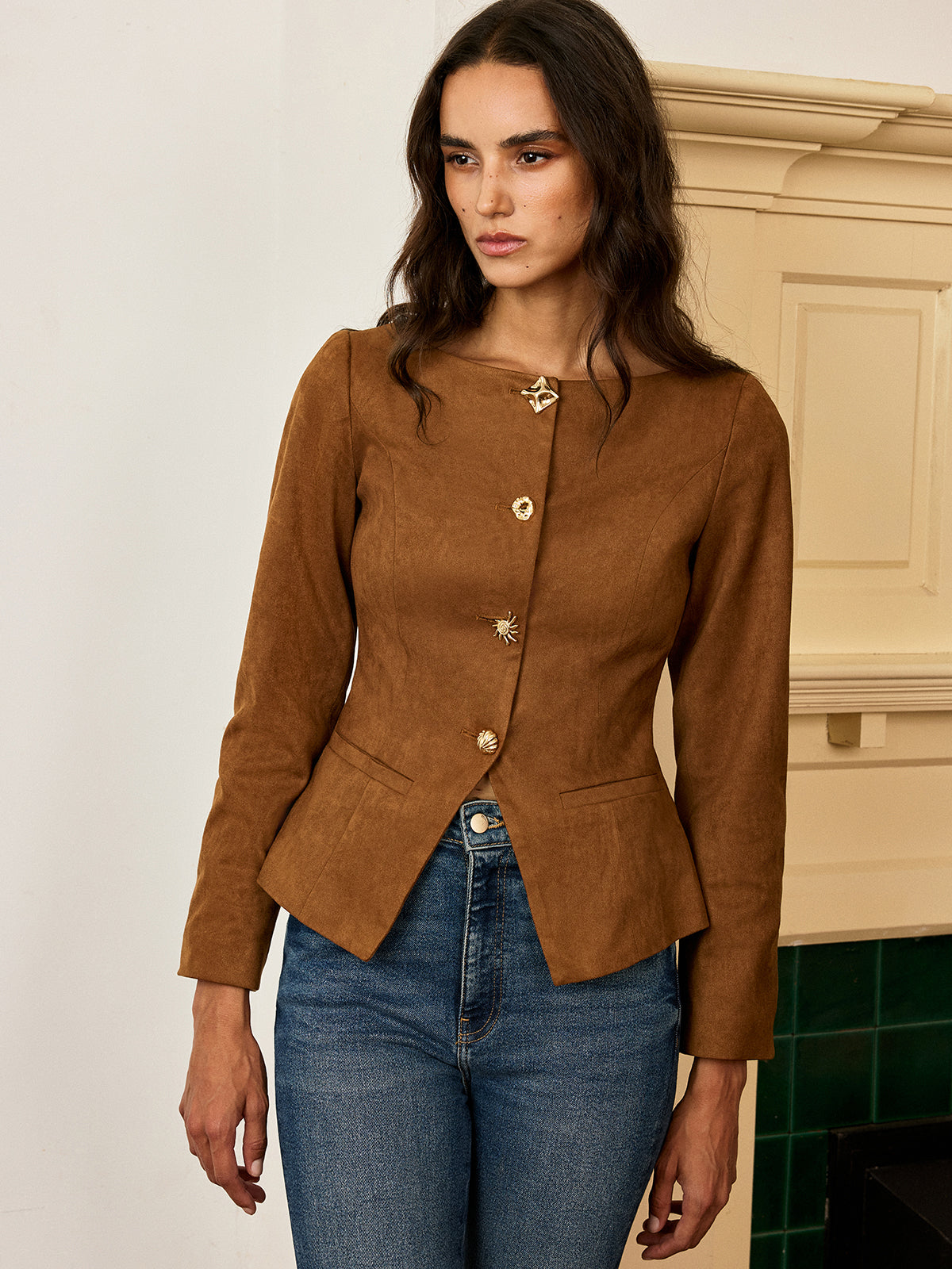 Square Button Jacket Suede Effect Fitted Metal Button Jacket | COMMENSE
