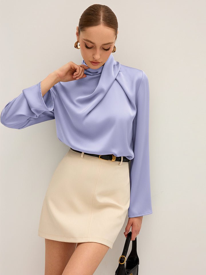 Satin Draped High Neck Blouse | COMMENSE
