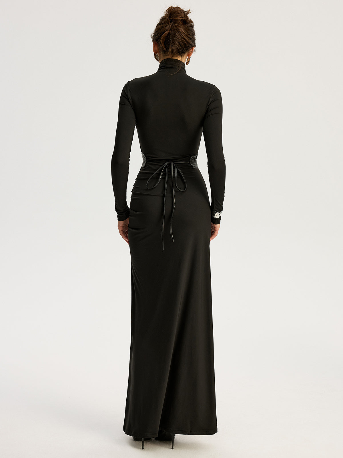 Belted high-slit turtleneck maxi dress - Black - L - Commense Belted high-slit turtleneck maxi dress - Black - L - Commense