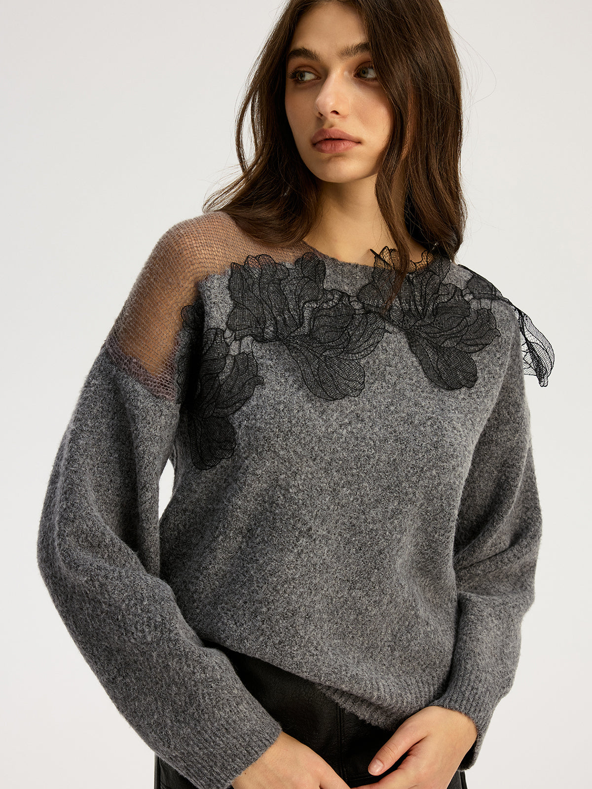 Floral lace Sweater Semi Sheer Round Neck Sweater | COMMENSE