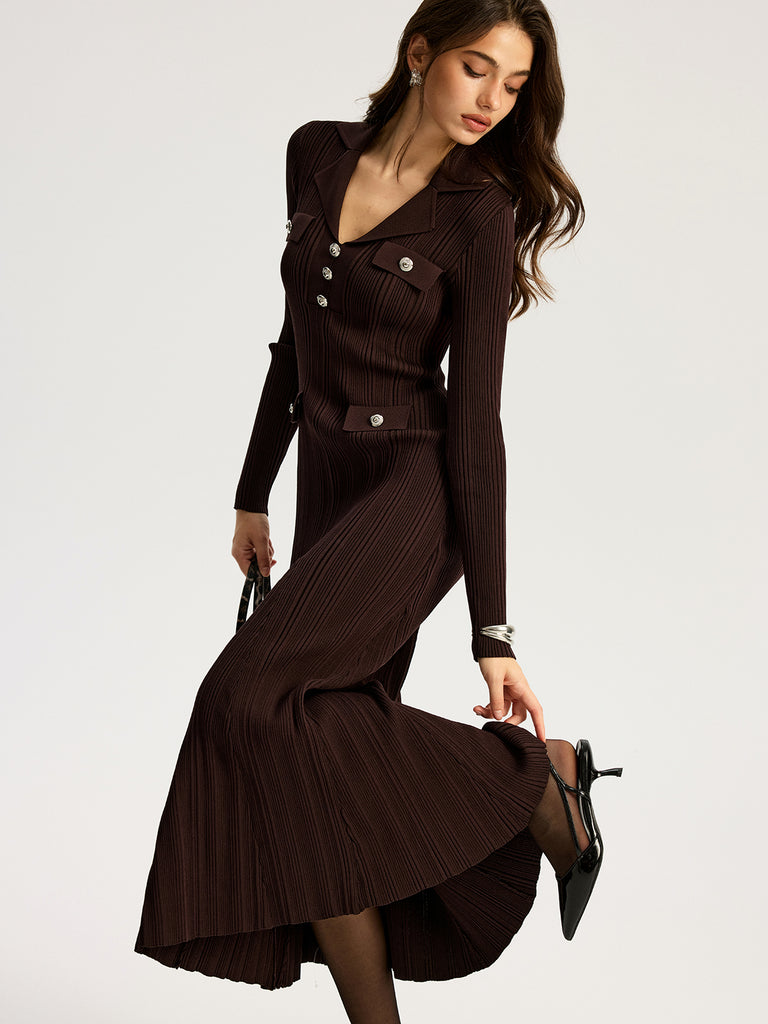 Lapel Metal Detail Knit Maxi Dress | COMMENSE