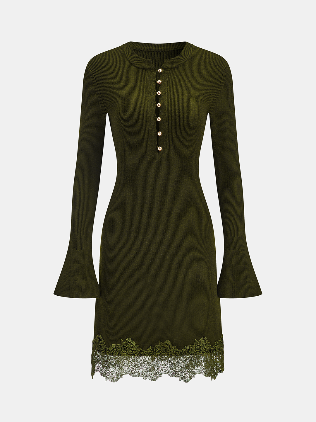 Wool Blend Lace Hem Metal Button Mini Dress - Black
