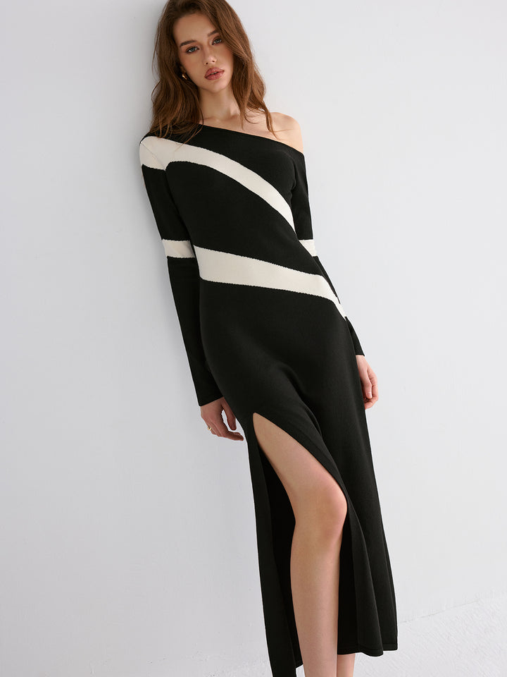 commense off shoulder dress Striped Slit Off-Shoulder Maxi Dress