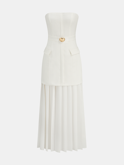 commense solid pleated strapless split dress Pleated Strapless Maxi Dress with Detachable Strap