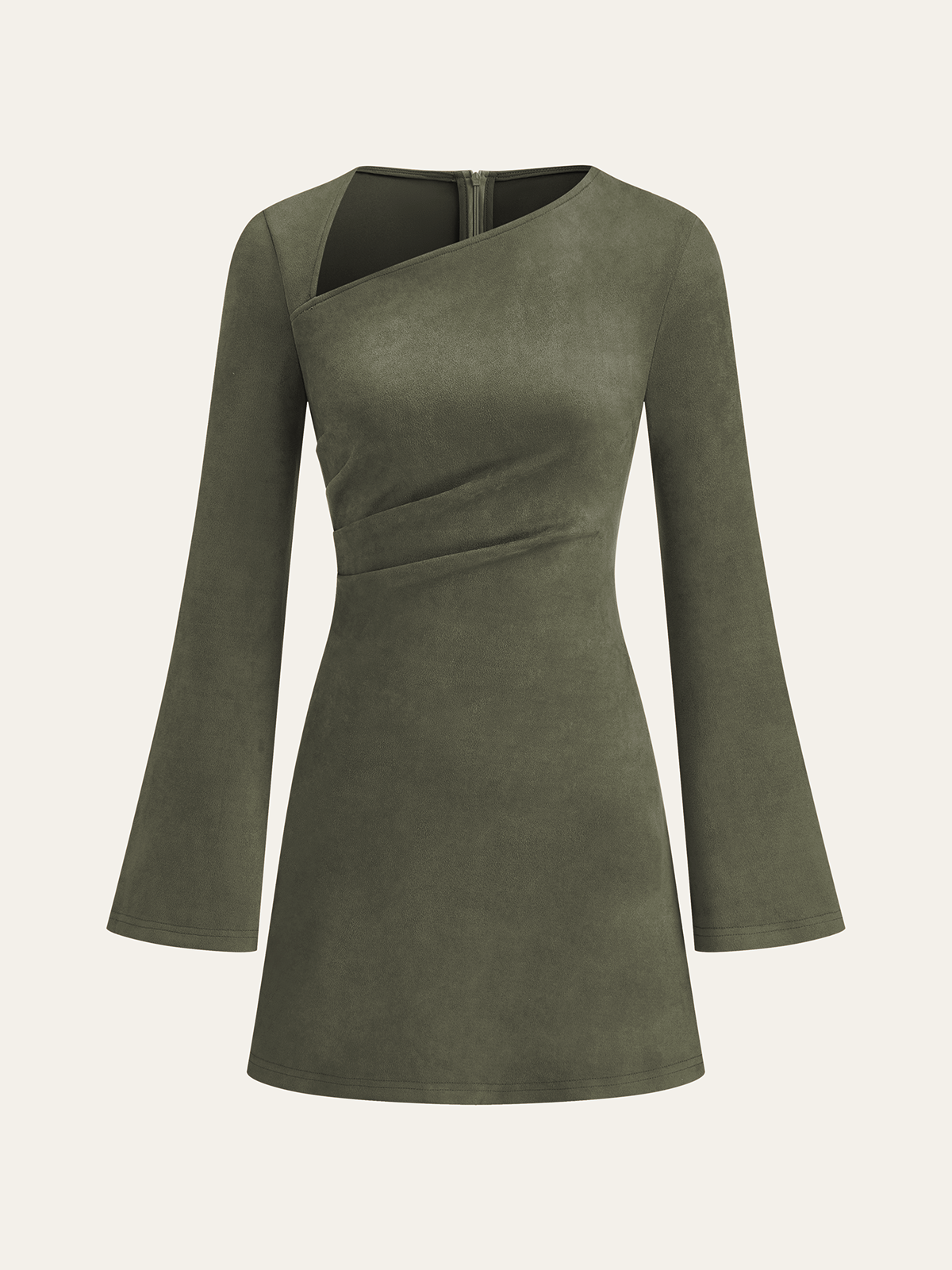 Asymmetrical ruched long sleeve suede effect mini dress - ArmyGreen - S Asymmetrical ruched long sleeve suede effect mini dress - ArmyGreen - S
