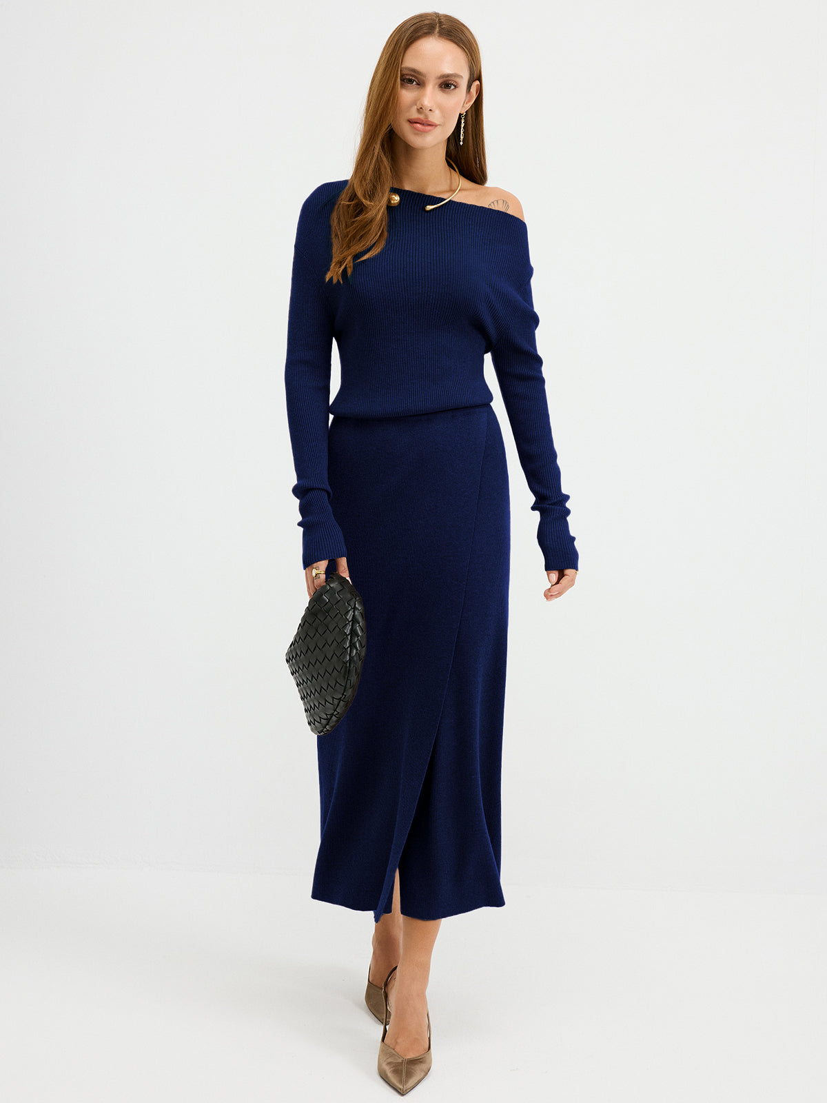 Off-shoulder ribbed wool blend maxi dress - Black