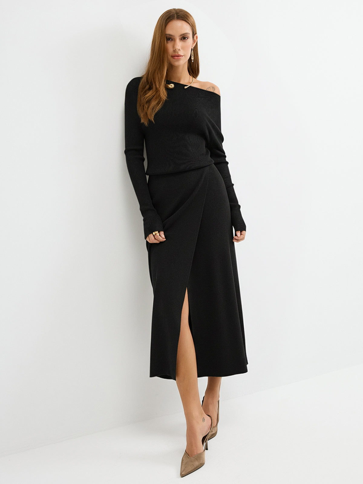 off shoulder wool dress Off-shoulder ribbed wool blend maxi dress - Black