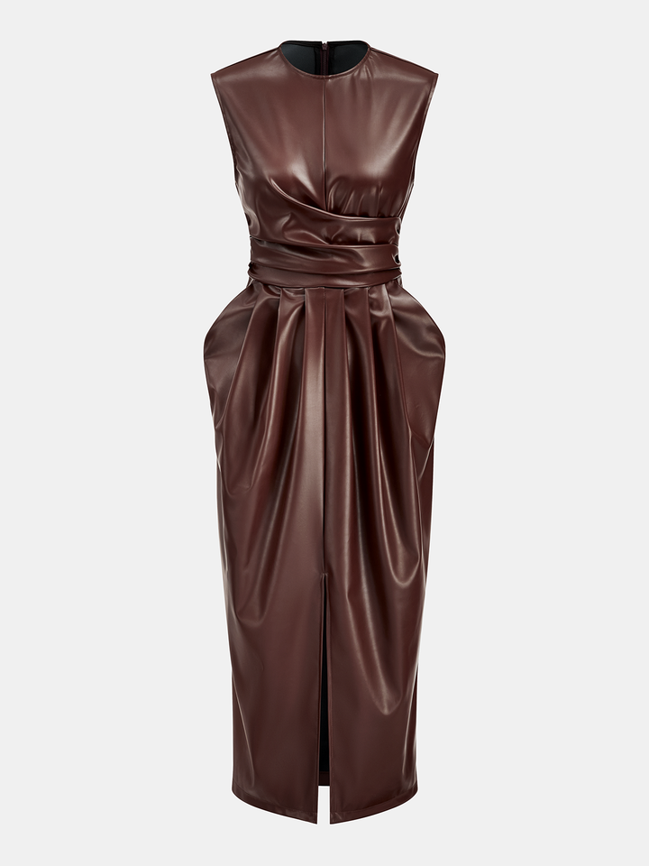 Sleeveless slit pu leather draped midi dress - Dark Brown