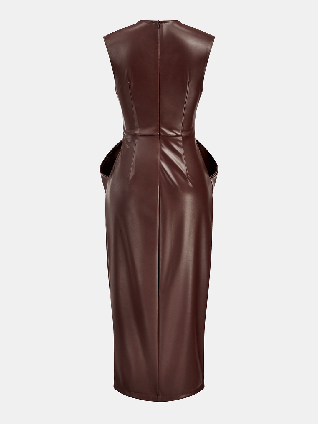 brown leather midi dress Sleeveless slit pu leather draped midi dress - Dark Brown