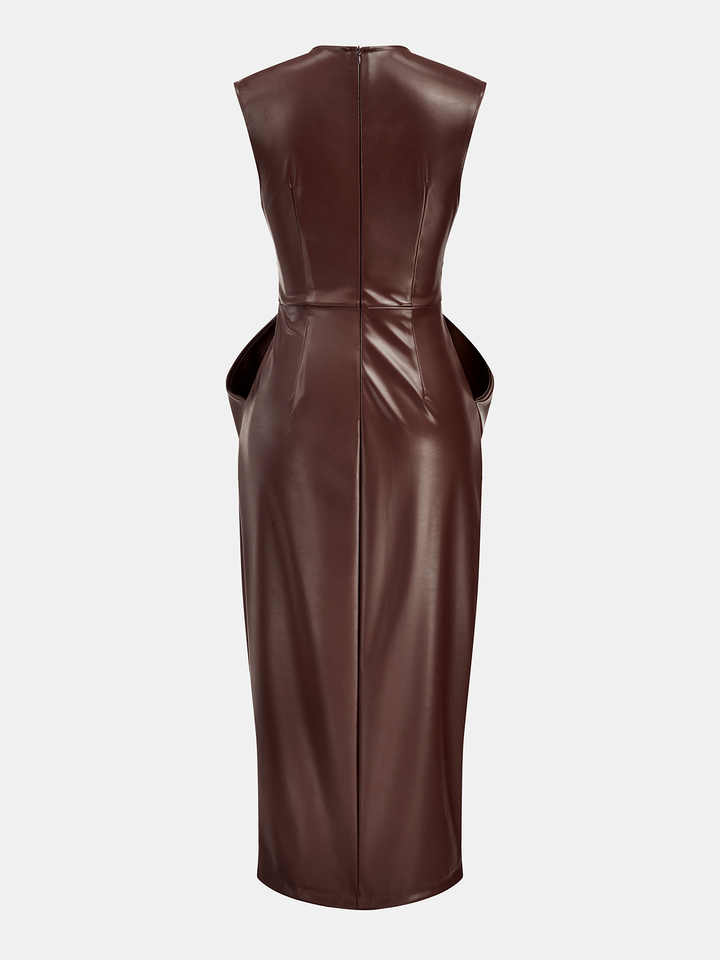 Sleeveless slit pu leather draped midi dress - Dark Brown - M Sleeveless slit pu leather draped midi dress - Dark Brown - M