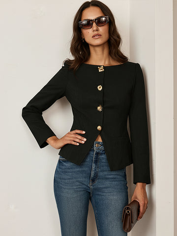 Suede Effect Fitted Metal Button Jacket | COMMENSE