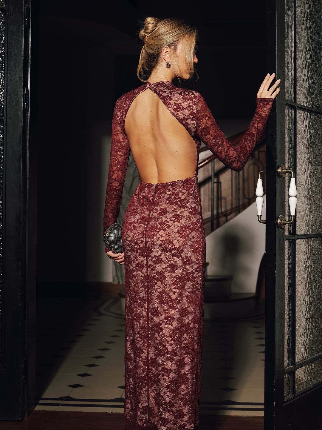 Lace Long Sleeve Fitted Backless Maxi Dress - Burgundy