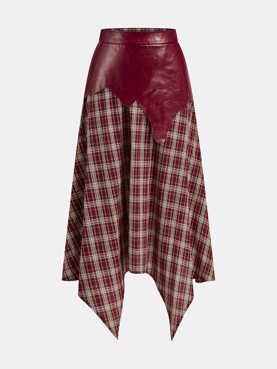 Faux Leather Panel Asymmetric Plaid Midi Skirt | COMMENSE