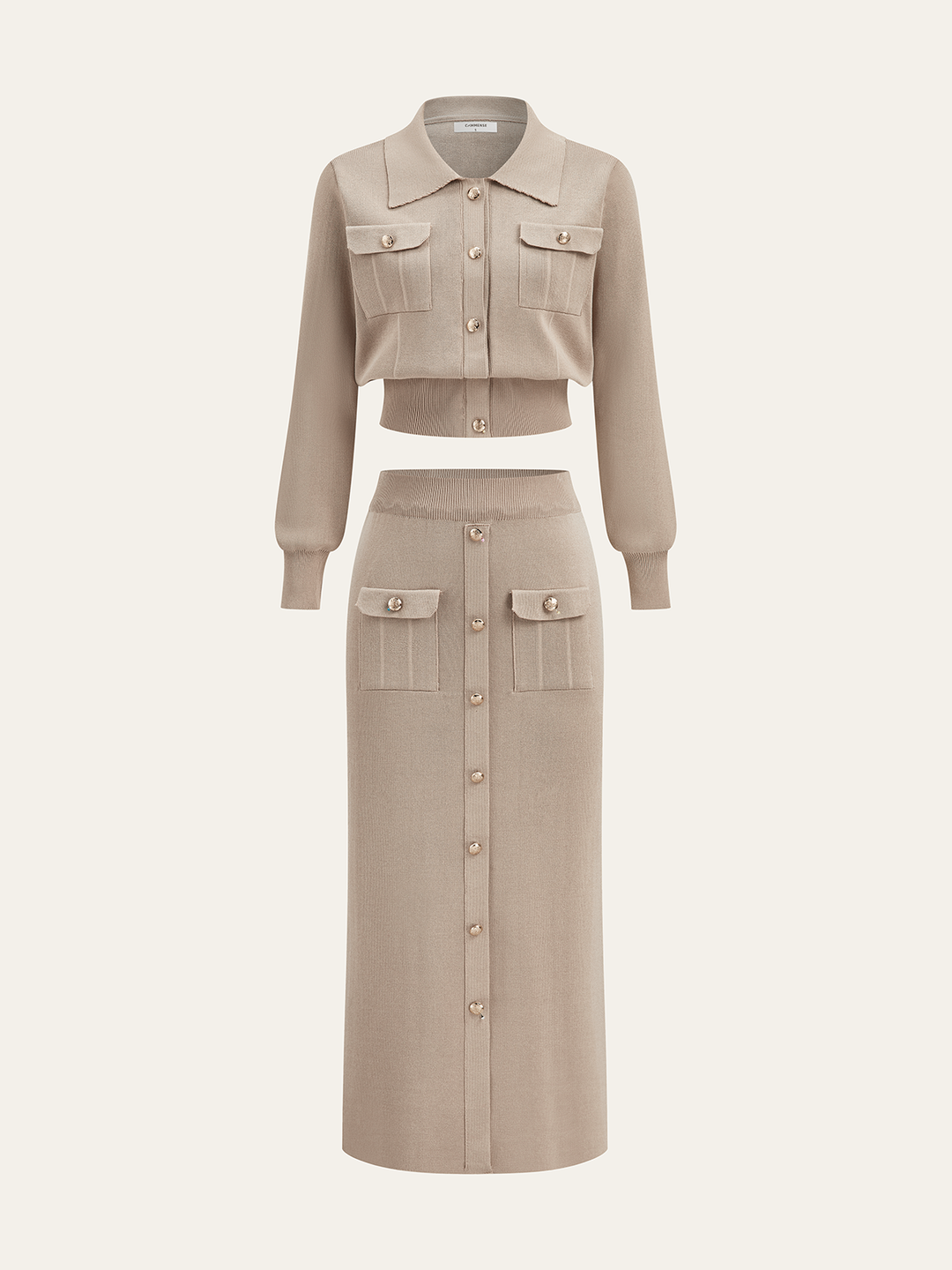 Metal Button Collared Cardigan and Midi Skirt Set | COMMENSE