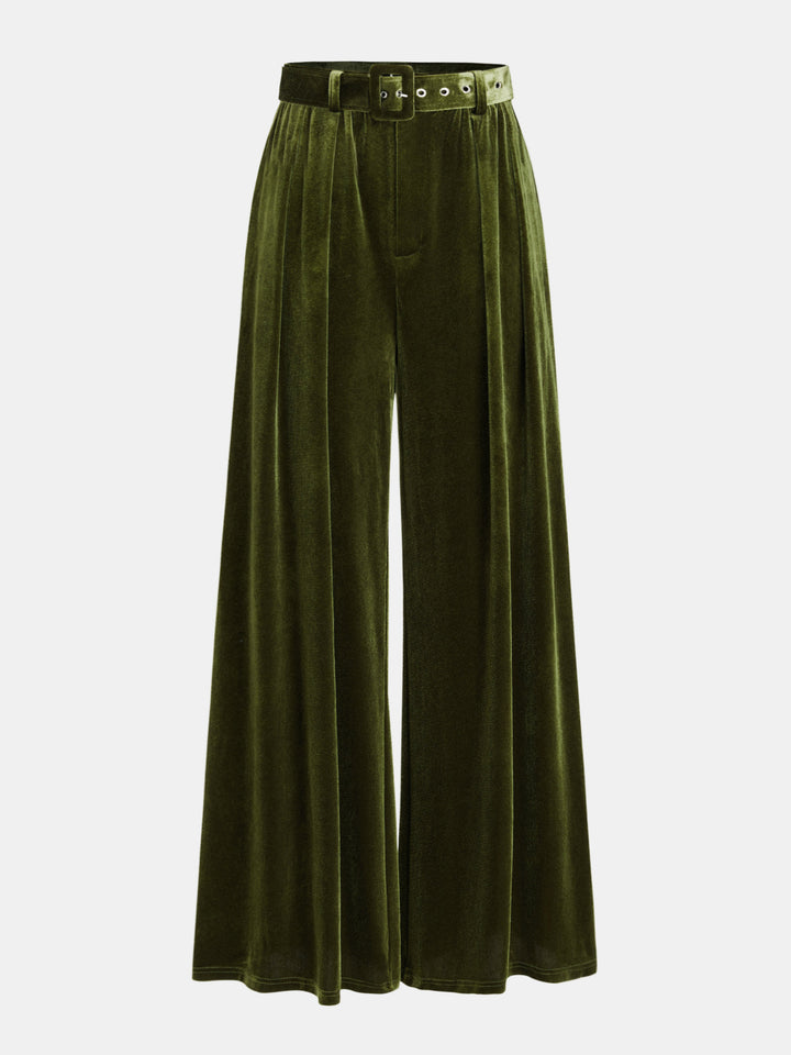 Belted Pleated Velvet Wide-Leg Pants | COMMENSE