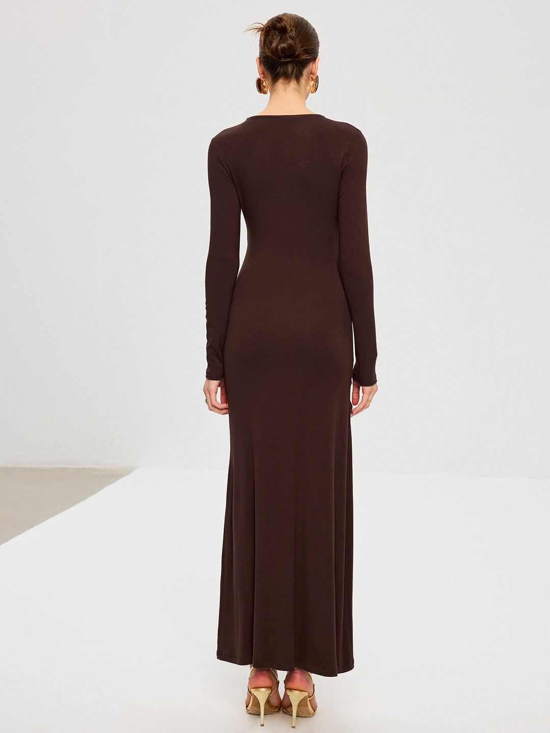 Metal detail long sleeve draped maxi dress - Dark Brown - XL