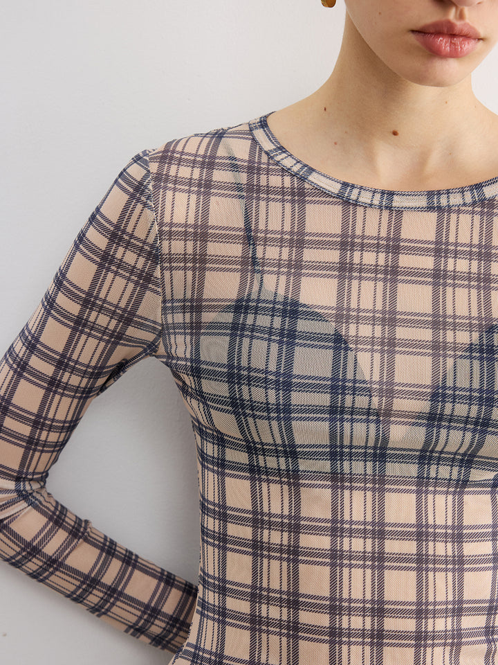 Plaid Sheer Long Sleeve Top | COMMENSE