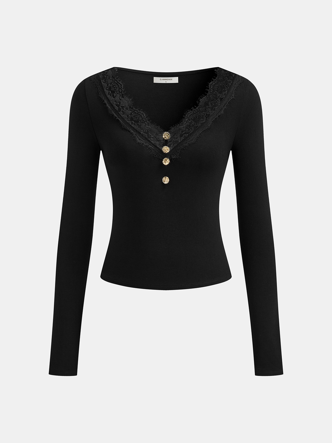 Lace Trim V-Neck Long-Sleeve Top | COMMENSE