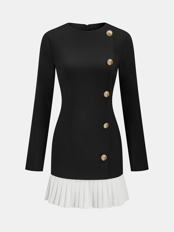 Pleated Hem Panel Asymmetric Metal Detail Mini Dress - Blackandwhite