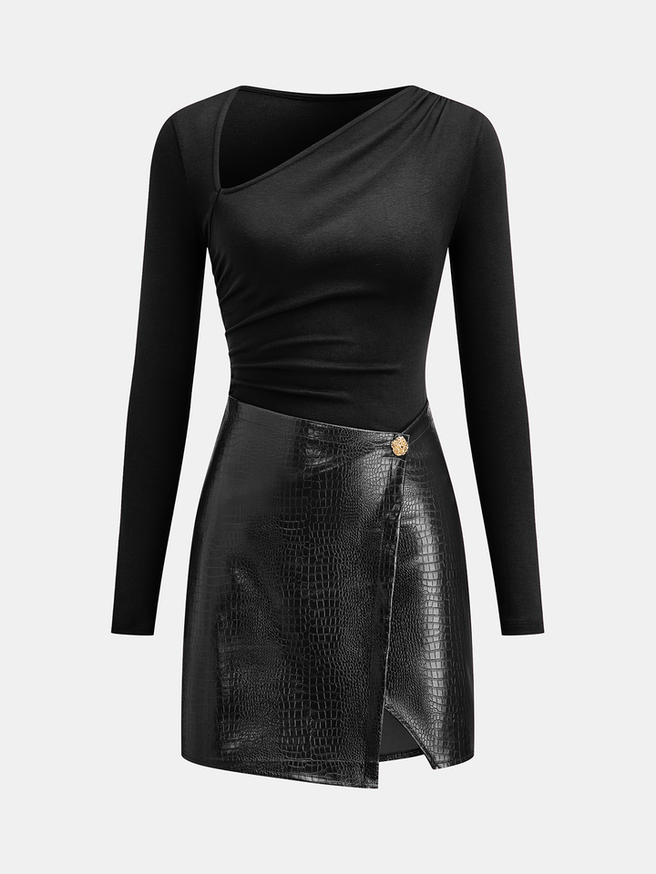 Faux leather paneled knit mini dress - Black
