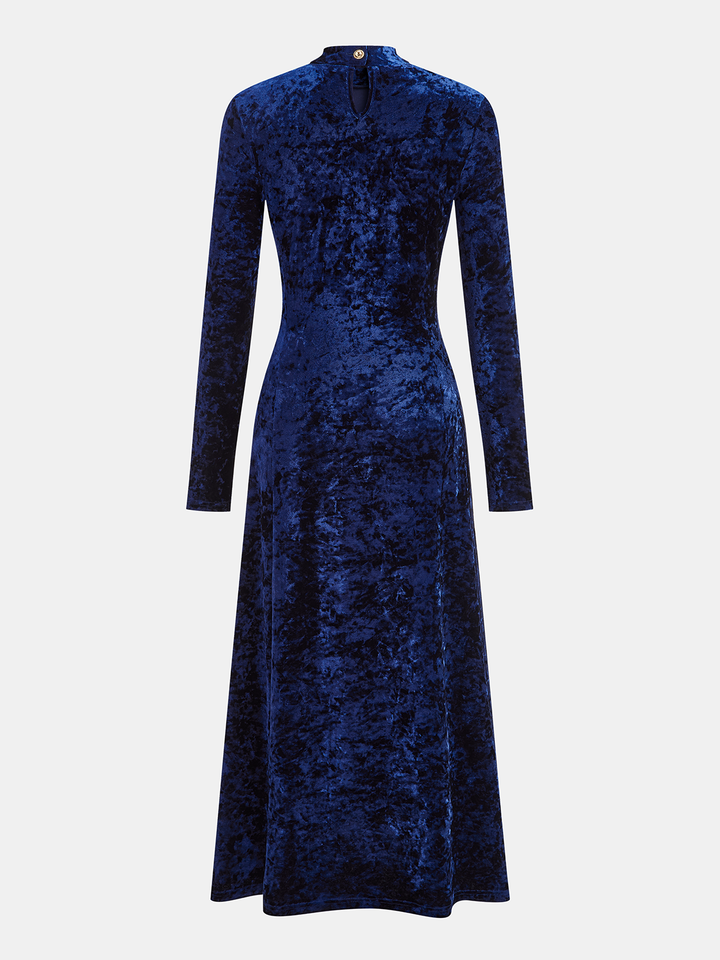 long sleeve blue velvet maxi dress Metal Button Ruched Velvet Maxi Dress