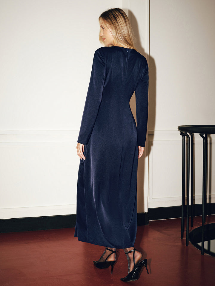 Metal detail long-sleeve ruched maxi dress - Navy - S - Commense