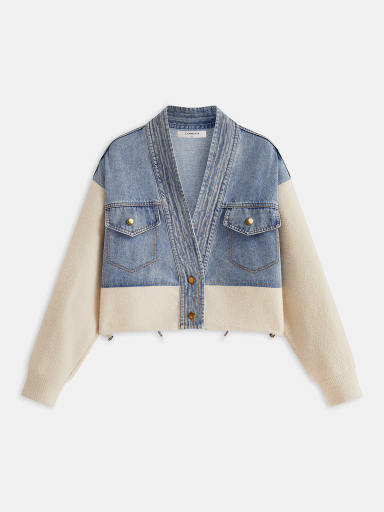 V-Neck Paneled Denim Cardigan | COMMENSE