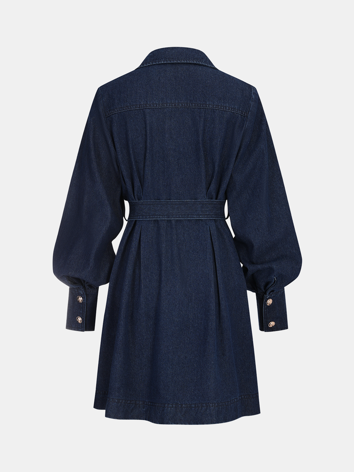 Belted Button-Front Denim Shirt Dress - Blue - M