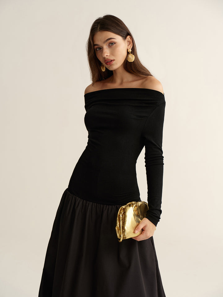 knee length dresses for ladies Off-Shoulder Long-Sleeve Maxi Dress - Black