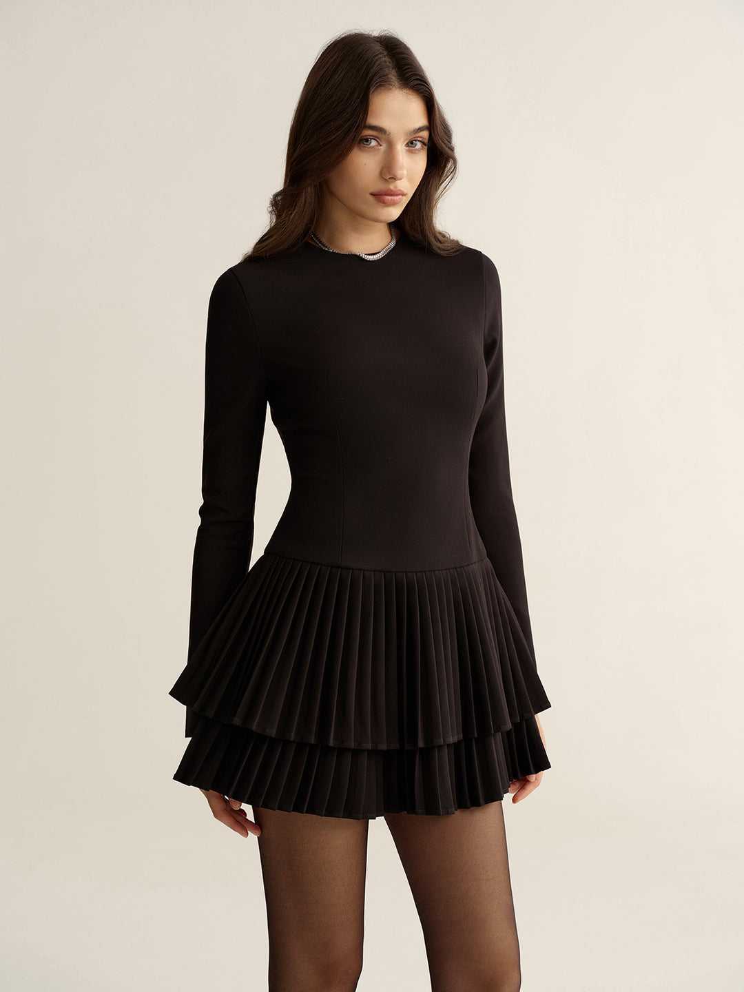 Long Sleeve Tiered Pleated Mini Dress | COMMENSE