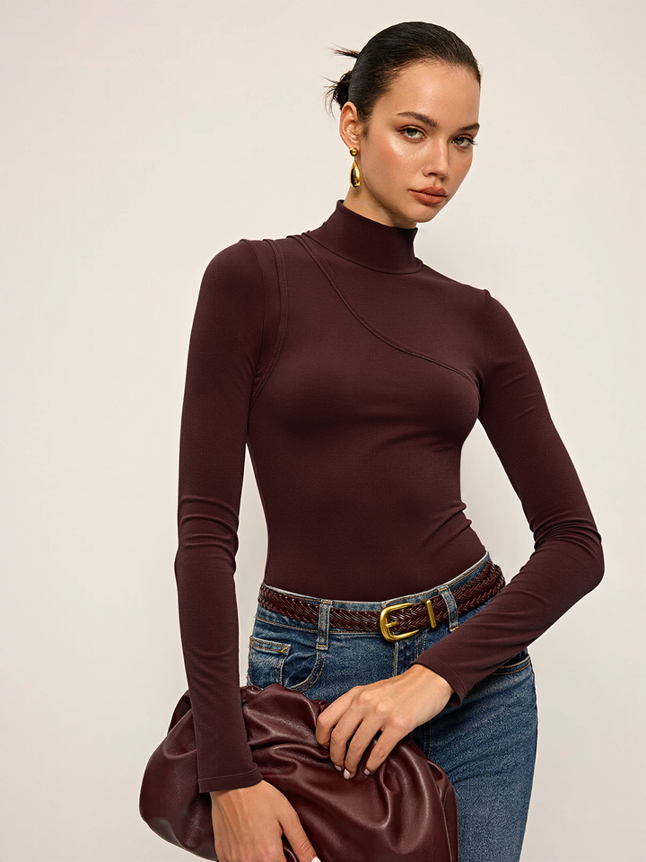 Seam Detail Mock Neck Long-Sleeve T-Shirt | COMMENSE