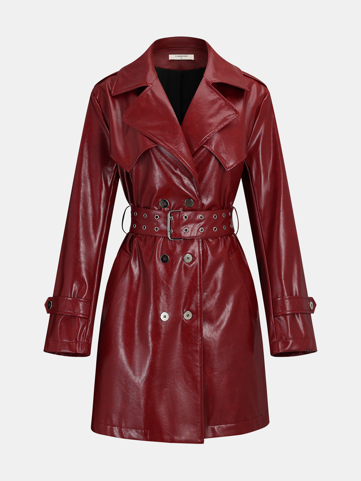 Belted Faux Leather Long Trench Coat | COMMENSE