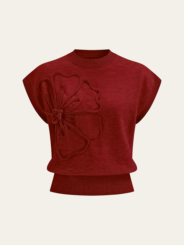 Flower Applique Cap Sleeve Knit Top | COMMENSE