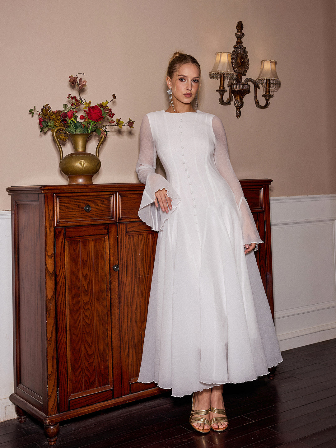 Sheer Bell Sleeve Maxi Dress | COMMENSE