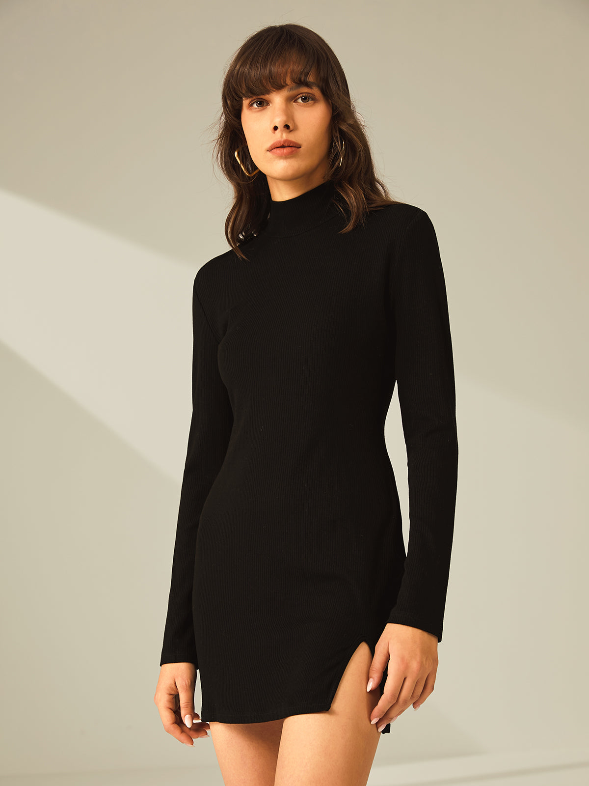 Turtleneck Long Sleeve Mini Dress with Slit and Ribbed Paneling Turtleneck Long Sleeve Mini Dress with Slit and Ribbed Paneling