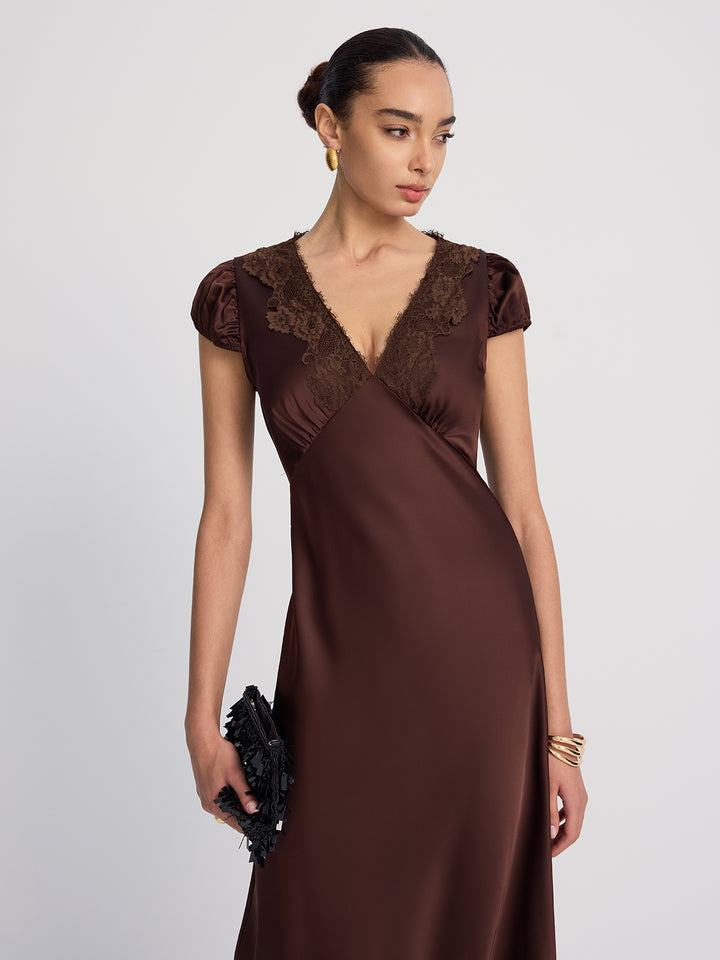 brown lace and satin dress ZW COLLECTION SATIN LACE DRESS - Brown