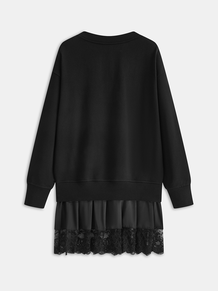 Pleated hem lace-trimmed sweatshirt dress - Black - S - Commense Pleated hem lace-trimmed sweatshirt dress - Black - S - Commense