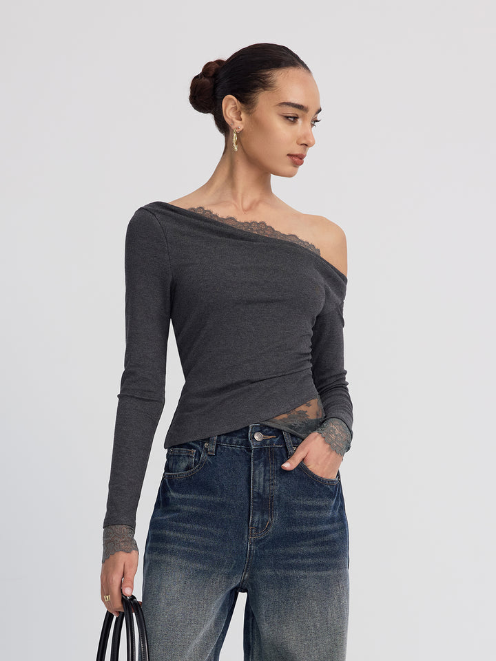 Off-Shoulder Lace-Trim Long-Sleeve Top | COMMENSE