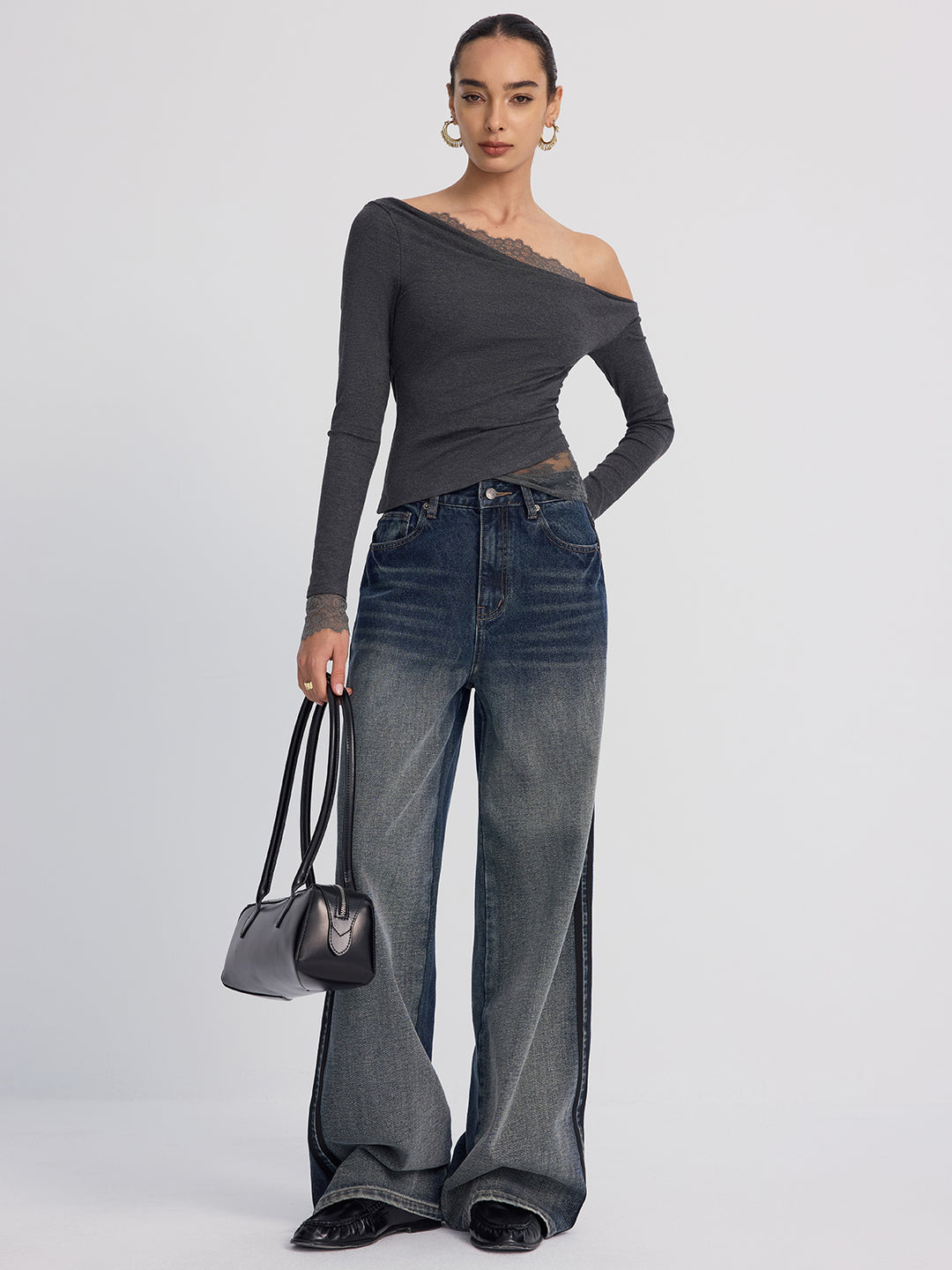 Off-Shoulder Lace-Trim Long-Sleeve Top | COMMENSE