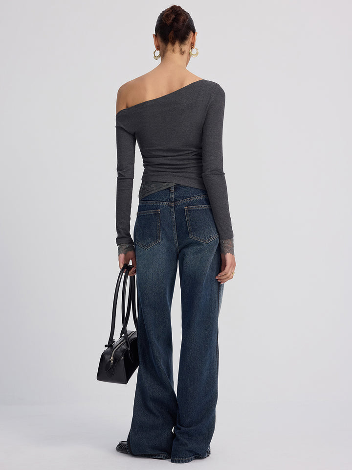 Off-Shoulder Lace-Trim Long-Sleeve Top | COMMENSE