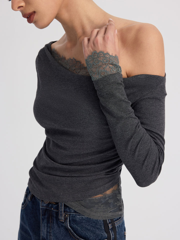 Off-Shoulder Lace-Trim Long-Sleeve Top | COMMENSE