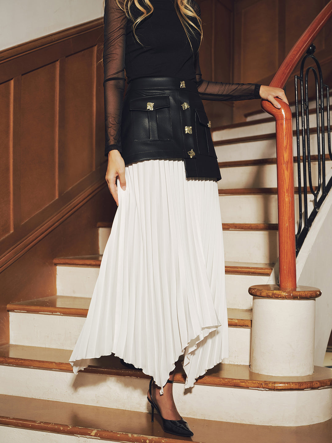 スカート commdesgarcons commesgarcons Faux Leather Paneled Asymmetric Pleated Maxi Skirt | COMMENSE