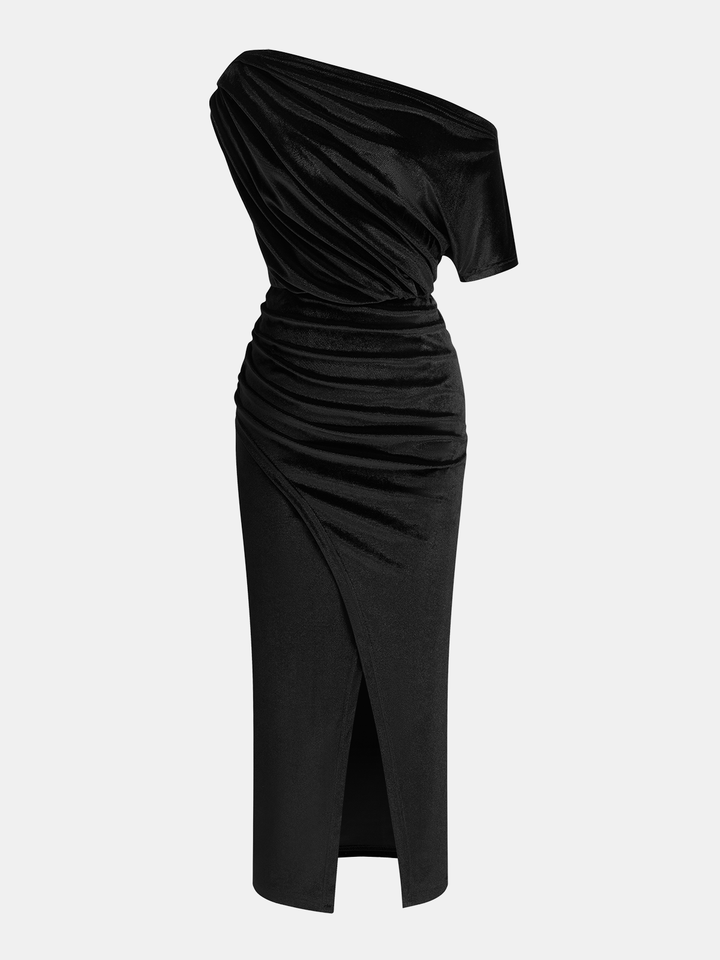 One-Shoulder Ruched Velvet Dress - Black