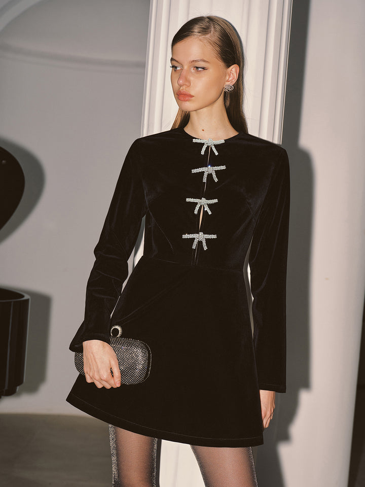 sequins velvet bowknot mini dress Crystal bow detail velvet mini dress - Black