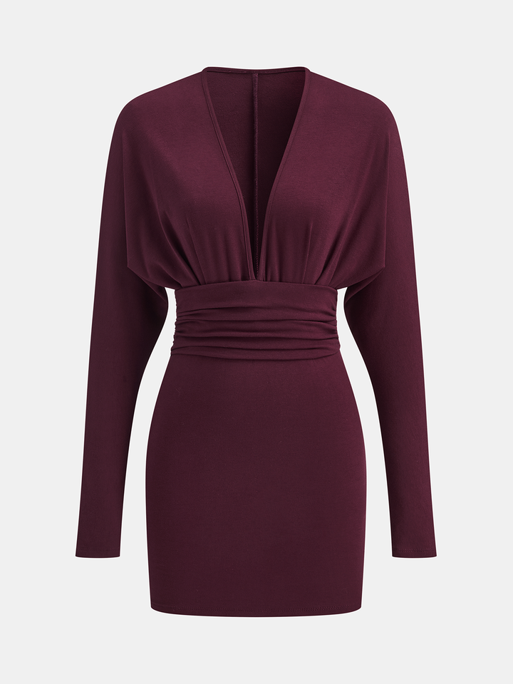 Deep V-Neck Ruched Long-Sleeve Mini Dress - Burgundy